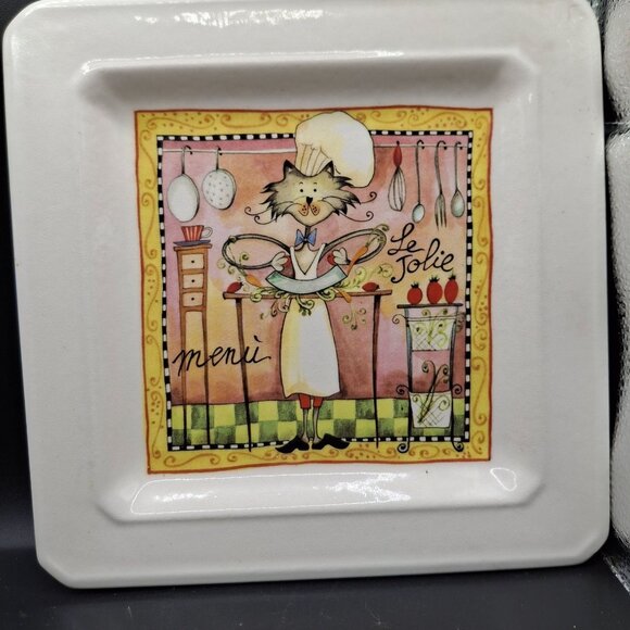 Le Jolie Cat Chef Menu Square Plate "7.75 x7.75" Made In Italy Replacement - Picture 1 of 5
